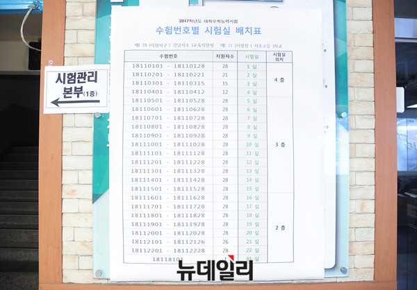 ▲ 서울 서초고등학교(제 18시험지구 11시험장) 수험번호별 시험실 배치표 ⓒ 뉴데일리 공준표