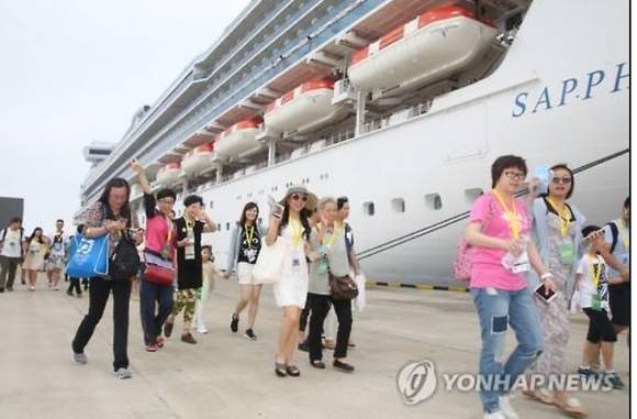 ▲ 중국관광객이  크루즈선을 이용해 국내에 도착하고 있다ⓒ연합