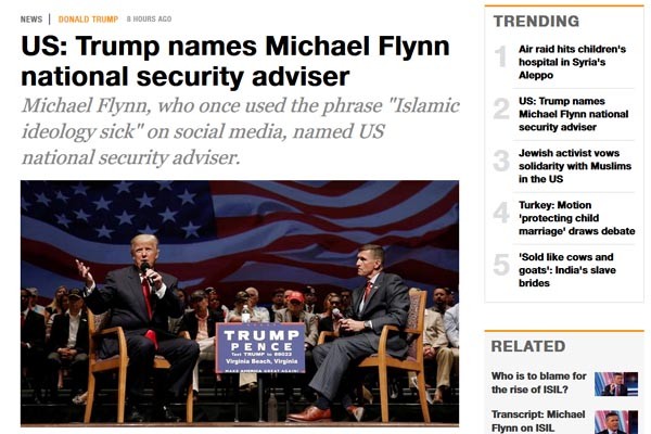 ▲ 트럼프 당선자가 마이클 플린 前DIA 국장을 美백악관 국가안보보좌관에 임명했다는 소식은 세계의 주목을 끌었다. ⓒ카타르 알 자지라 관련보도 화면캡쳐