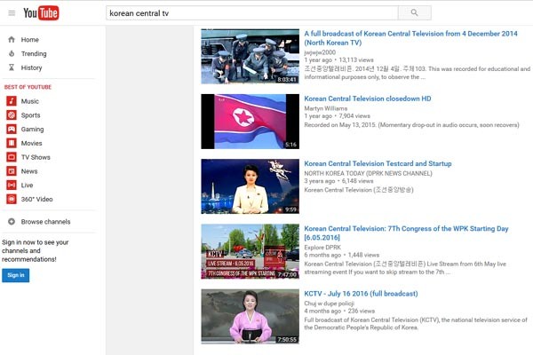 ▲ 유튜브에서 '조선중앙TV'로 검색한 결과. '조선중앙TV'의 계정은 안 보인다. ⓒ유튜브 검색결과 캡쳐