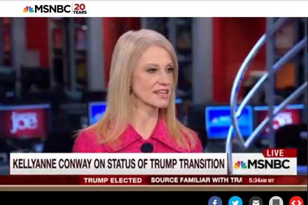 ▲ 지난 22일(현지시간) MSNBC의 아침 뉴스쇼 '모닝 조'에 출연한 켈리언 콘웨이 대통령 인수위 자문은 "트럼프는 취임 후 힐러리 스캔들에 대한 재수사를 하지 않을 것"이라고 밝혔다. ⓒ美MSNBC 관련보도 화면캡쳐