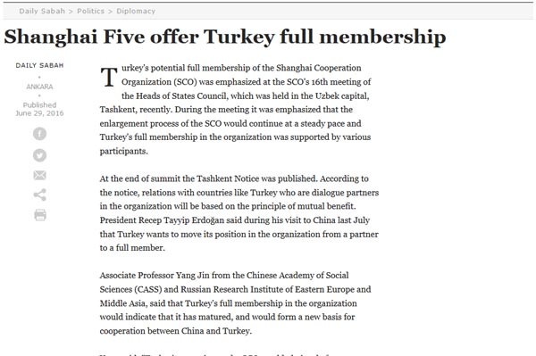 ▲ 오랜 기간 EU 가입을 거절당했던 터키에게 SCO 회원국들은 계속 정회원 가입을 권유해 왔다. 사진은 지난 6월 터키 현지언론이 보도한 SCO 가입권유 관련 보도. ⓒ2016년 6월 29일(현지시간) 터키 '데일리 사바' 관련보도 캡쳐