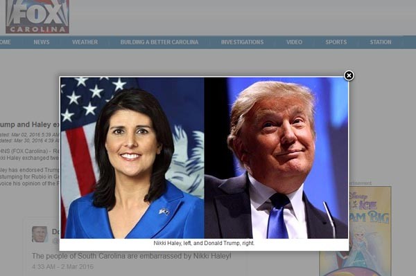 ▲ 트럼프 당선자가 차기 유엔 대사로 대선 기간 내내 자신에 대해 '안티' 활동을 폈던 니키 헤일리 사우스캐롤라이나 주지사를 임명했다. ⓒ美폭스 캐롤라이나 뉴스 관련화면 캡쳐