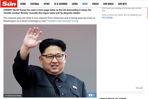 ▲ 英타블로이드 신문 '더 선'이 보도한 '김정은이 트럼프에 보낸 편지' 기사. 실은 '편지'가 아니라 北외무성이 조선중앙통신을 통해 공개한 '비망록'이다. ⓒ英'더 선' 관련보도 화면캡쳐