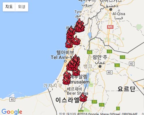 ▲ 이스라엘 현지 매체가 보도한, 24일(현지시간) 화재 발생 장소들. ⓒ이스라엘 '타임 오브 이스라엘' 관련보도 화면캡쳐