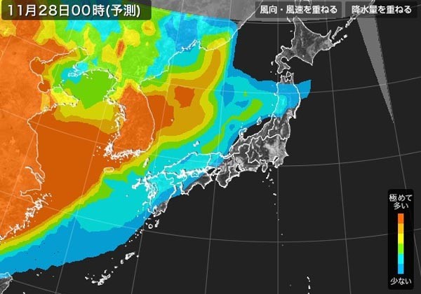 일본 기상협회가 제공하는 초미세먼지(P.M 2.5) 예측지도. 한반도 초미세먼지의 원인이 무엇인지 보인다. ⓒ日기상협회 홈페이지 캡쳐