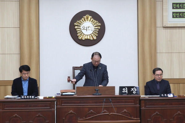 ▲ 28일 본회의에서 동구의회가 '현대중공업 분사 중단 및 타 지역으로 사업장 이전 반대 결의안'을 채택하고 있는 모습.ⓒ울산 동구 제공