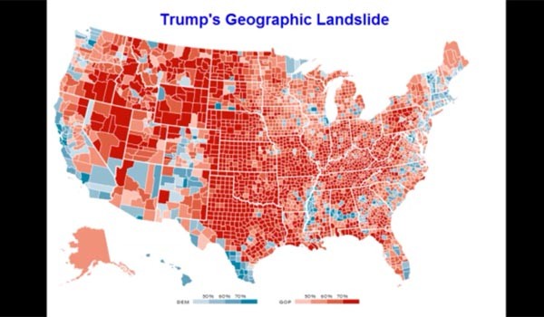 ▲ 한 트럼프 지지자가 공개한 美전역의 트럼프와 힐러리 득표 지도. 붉은 색이 트럼프, 푸른색이 힐러리다. ⓒ유튜브 관련영상 캡쳐