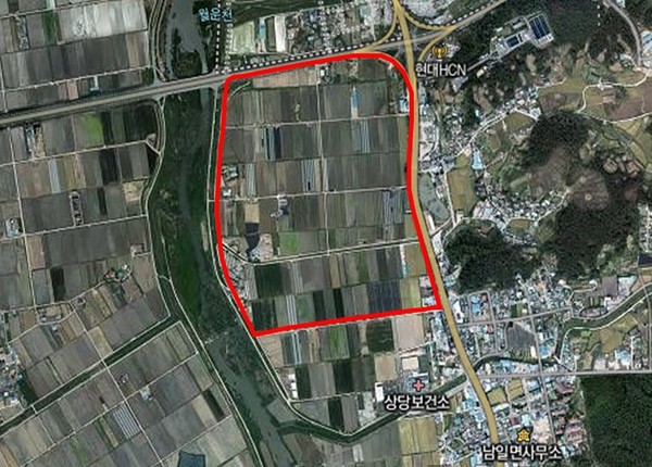 ▲ 충북의 첫 뉴스테이 구역으로 지정된 청주시 지북·평촌동 일원(빨간색 선 안쪽).ⓒLH충북본부