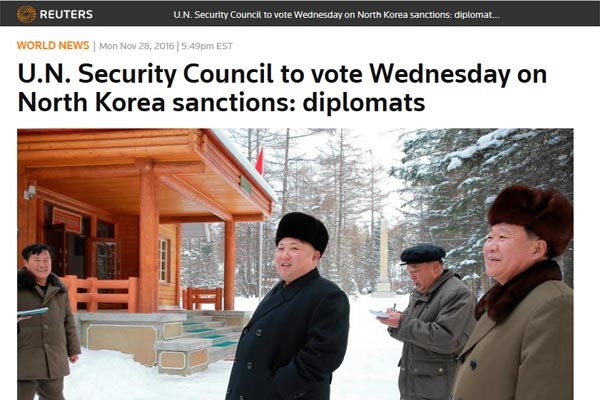▲ 英로이터 통신은 28일(현지시간) "유엔 안보리 상임이사국들이 모두 찬성한 새 대북제재가 30일(현지시간) 채택될 예정"이라고 보도했다. ⓒ英로이터 통신 관련보도 화면캡쳐
