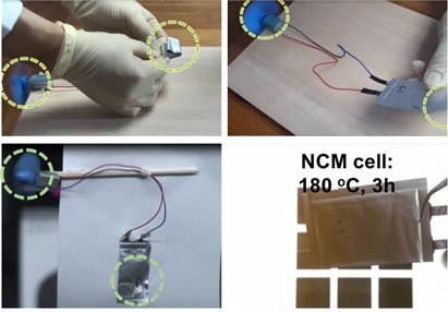 ▲ 김재광 교수 연구팀과 ㈜세븐킹에너지에서 개발한 이차전지로 자르거나(왼쪽 위) 구멍을 내도(왼쪽 아래), 150도 이상의 열을 가해도(오른쪽 아래) 터지지 않는 모습.ⓒ청주대