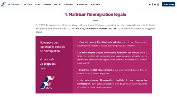 ▲ 프랑수아 피용 前총리의 공식 홈페이지에는 '이민자 관련 공약'이 정중앙을 차지하고 있다. 지금까지 '관용'을 이유로 불법체류자와 난민까지 받아들이던 것을 합법적인 이민자만 받는 것으로 바꾸겠다는 정책을 공약으로 내세웠다. ⓒ피용2017 홈페이지 캡쳐