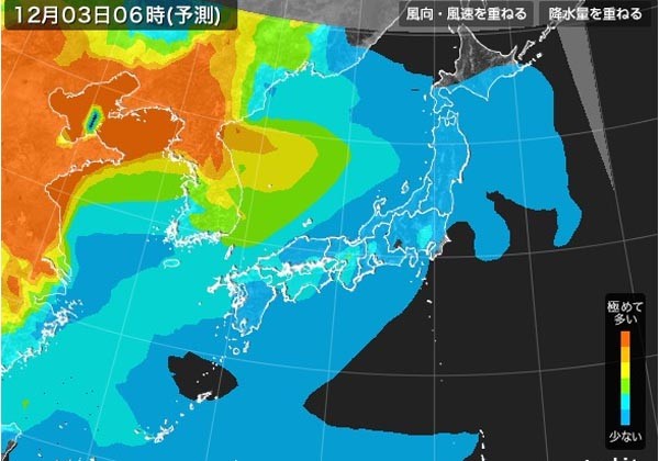 ▲ 오는 3일 오전 6시 한반도와 주변의 초미세먼지 분포도. 이는 4일이 지나서야 사라질 것이라고 한다. ⓒ日기상협회 홈페이지 P.M 2.5 예측도 캡쳐