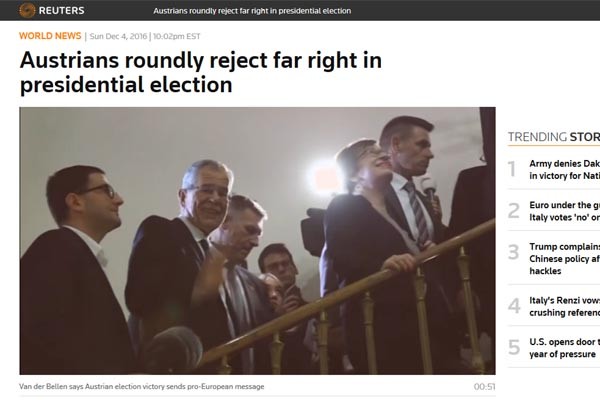 ▲ 취재진을 향해 웃으며 손을 흔드는 알렉산더 판데어벨렌 前녹색당 당수. 이번 오스트리아 대선에서 승리했다. ⓒ英로이터 통신 관련보도 화면캡쳐