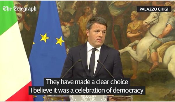 ▲ 지난 4일(현지시간) 치러진 이탈리아 개헌 국민투표는 결국 부결됐다. 마테오 렌치 총리는 국민투표 부결에 대한 책임을 지고 사퇴했다. ⓒ英텔레그라프 렌치 총리 사퇴 기자회견 생중계 화면캡쳐