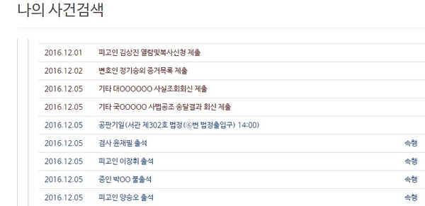 ▲ 양승오 박사 등 피고인 7명의 공직선거법 위반 사건 항소심 재판진행 상황. 5일, 사법공조 송달결과 회신이 재판부에 제출된 내역이 기재돼 있다. 송달결과 기록 아래 증인으로 채택된 주신씨(박OO으로 표시)가 불출석한 사실도 볼 수 있다. ⓒ 화면 캡처