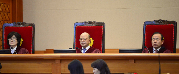 ▲ 박한철 헌법재판소장을 비롯한 헌법재판관들이 공개 변론에 임하고 있다. ⓒ뉴시스 사진DB