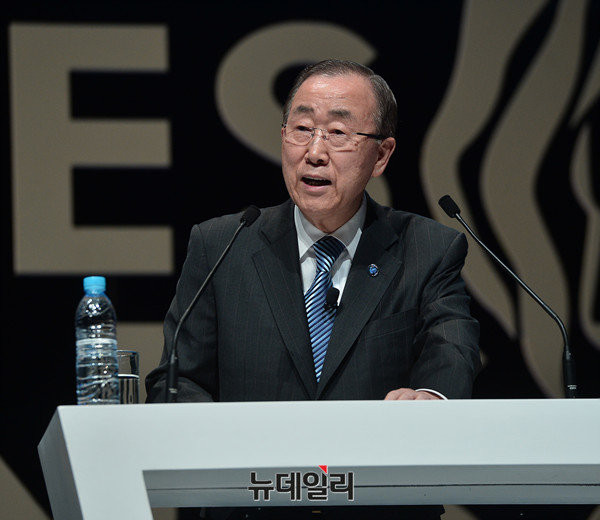 ▲ 반기문 UN사무총장. 충청권 정치인인 정진석 원내대표는 반기문 사무총장과 가까운 것으로 알려져있다. ⓒ뉴데일리 정상윤 기자