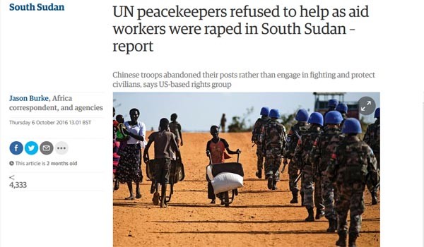 지난 10월 주요 외신들은 남수단에 파병된 유엔 평화유지군이 구호단체 요원들의 구출요청을 거절하고, 정부군과 반군의 교전이 벌어지자 총과 탄약까지 내팽개치고 도망쳤다는 유엔 보고서 내용을 보도했다. 그 가운데는 中인민해방군도 있었다고 한다. ⓒ英가디언의 관련보도 화면캡쳐
