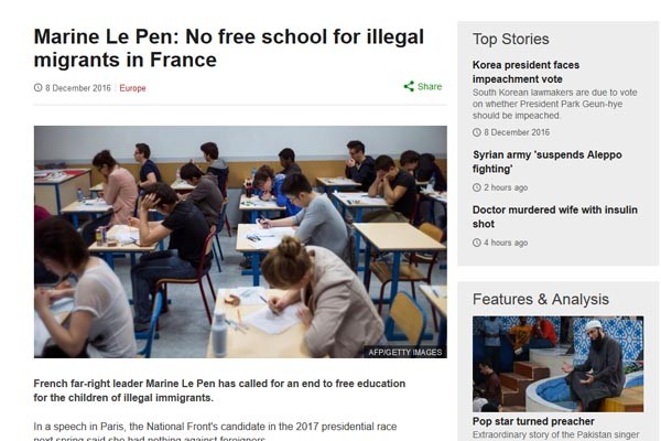 마리 르펜 프랑스 국민전선의 주장을 보도한 英BBC의 기사. 한국 언론은 이를 '외국인 무상교육 반대'라고 보도했다. ⓒ英BBC 관련보도 화면캡쳐