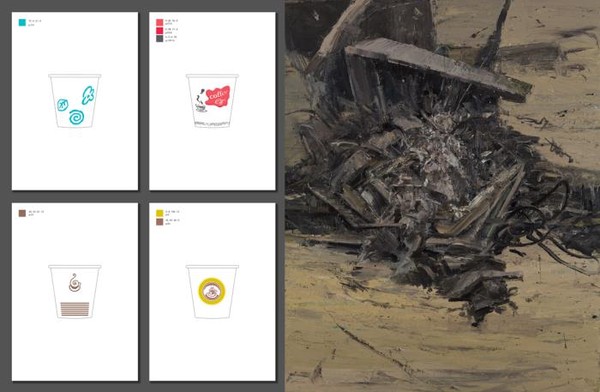 ▲ (좌) 조혜진 作, 6.5oz 종이컵 연작, 디지털 이미지, 각 18cmX26cm, 2016 (우) 한성우 作, 무제(untitled), 캔버스 위에 오일, 162.2cmX130.3cm, 2016