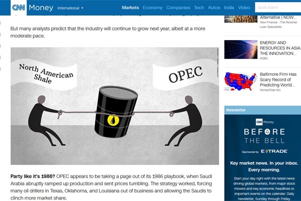 ▲ 美정부에게 OPEC과 중동산 석유는 '치명적 약점'에 속했다. 하지만 美정부가 셰일 에너지를 본격 개발하면서, '석유패권'을 두고 경쟁이 시작됐다. 사진은 북미의 셰일 에너지와 OPEC 간의 패권을 다룬 CNN 머니의 보도. ⓒ美CNN 머니 2014년 12월 관련보도 화면캡쳐