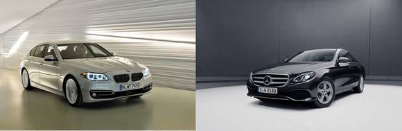 ▲ 사진 왼쪽은 BMW 5시리즈, 오른쪽은 벤츠 더 뉴 E클래스.ⓒ각 사