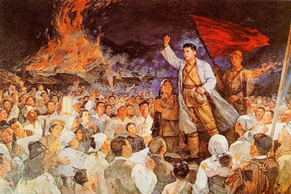 ▲ 북한의 김일성 우상화 그림. '보천보 전투'를 배경으로 했다. 최근 보천보 지역에서는 "김정은을 처단하라"는 삐라가 살포됐다고 한다. ⓒ위키피디아 공개사진