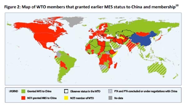 ▲ 2015년 말 기준 중국에게 '시장경제국 지위(MES)'를 인정해 준 국가와 불허한 국가의 지도. ⓒ세계경제역동성(GED) 연구 블로그 캡쳐