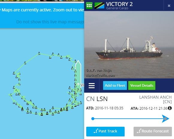 ▲ 석탄을 실은 것으로 추정되는 북한 선박 10여 척이 중국 항구에 입항하지 않은 채 공해상을 맴돌고 있는 것으로 알려졌다. 사진은 14일부터 15일 오전까지 北선박 '빅토리 2'호 항적.ⓒ'마린트래픽' 홈페이지 캡쳐