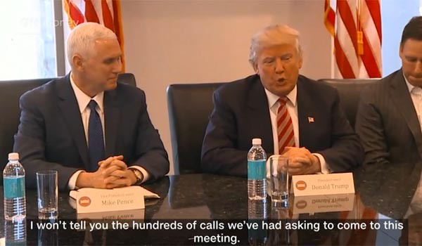트럼프 타워에서 열린 '테크 서밋'에서 모두발언을 하는 도널드 트럼프 당선자. 왼쪽에는 마이크 펜스 부통령 당선자가 앉았다. ⓒ美CNN 머니 관련보도 화면캡쳐