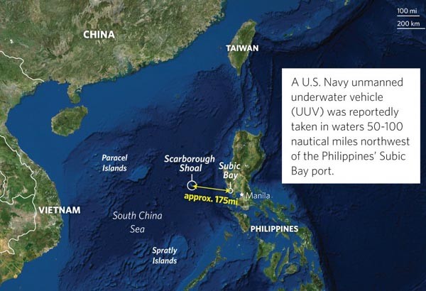 ▲ 中인민해방군 해군이 美해군 '보우디치'호로부터 수중 드론을 빼앗은 지역. 필리핀의 배타적 경제수역(EEZ)에 해당하는 곳이다. ⓒ美안보전문매체 '스트랫포' 관련분석 화면캡쳐