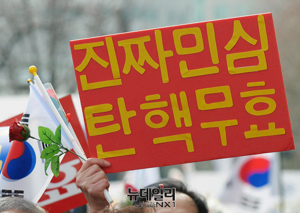 ▲ 17일 오전 서울 종로구 안국역 인근에서 열린 '탄핵 반대' 집회에 "진짜 민심 탄핵 무효"라는 문구가 담긴 손피켓을 들고 참석한 시민. ⓒ뉴데일리 정상윤 기자