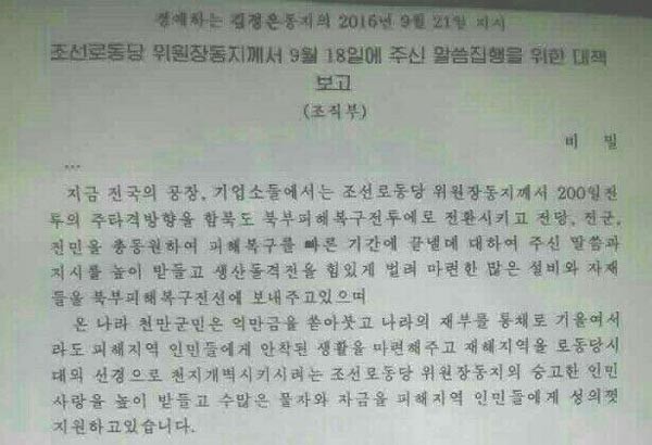 ▲ 자유북한방송(대표 김성민)이 제공한 김정은 지시 대책보고 자료. 지난 9월 21일 작성된 것으로 보인다. ⓒ자유북한방송 제공