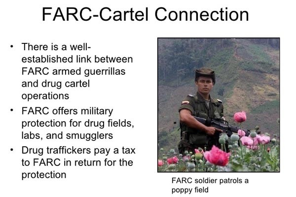 ▲ 2009년 제작된 '콜롬비아 여행정보' 슬라이드 가운데 하나. FARC와 콜롬비아 마약 카르텔 간의 연계를 설명하고 있다. ⓒ슬라이드 셰어 닷컴 공개화면 캡쳐