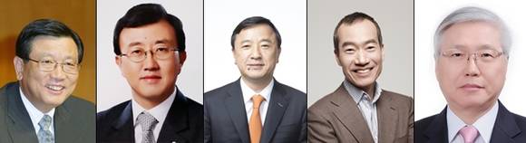 ▲ (좌로부터) 박삼구 금호산업 회장, 김재율 대림산업 사장, 박철홍 한라 사장, 최치훈 삼성물산 사장, 한찬건 포스코건설 사장. ⓒ뉴데일리경제 DB