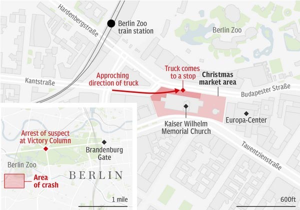 ▲ 지난 18일 오후 7시(현지시간) 트럭 테러가 일어난 독일 베를린 시장의 위치. 시내 중심가인데다 크리스마스 연휴를 앞두고 있어 사람들이 많이 몰려 있었다고 한다. ⓒ英텔레그라프 관련보도 화면캡쳐