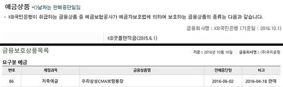 ▲ ⓒ국민, 우리은행 홈페이지 보호금융상품등록부 캡처