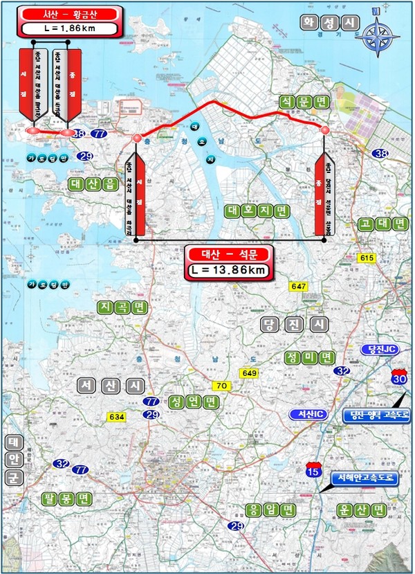 ▲ 충남 대산~석문, 서산~황금산 도로 위치도.ⓒ대전국토청