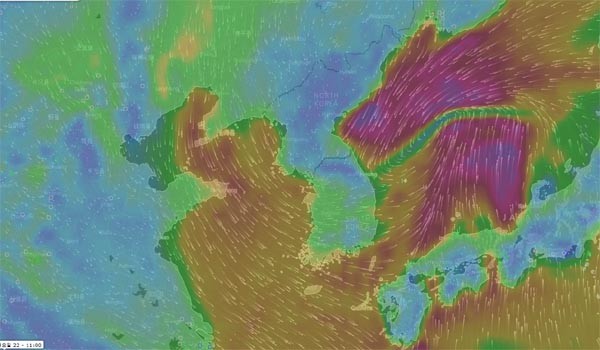 ▲ 22일 현재 한반도 주변의 기류. 동쪽에서 서쪽으로 부는 바람 덕분에 중국 스모그가 오지 않고 있다. ⓒ윈디TV 닷컴 화면캡쳐