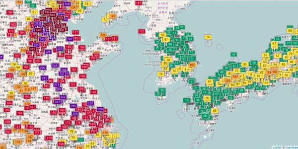 ▲ 22일 오전 11시 현재 한반도 주변 대기질 지수(AQI) 평가. 색이 짙을 수록 오염도가 높다. ⓒAQICN.ORG 화면캡쳐
