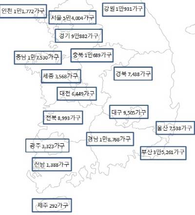 ▲ 연립‧빌라를 제외한 2017년 지역별 분양예정물량. ⓒ 부동산114