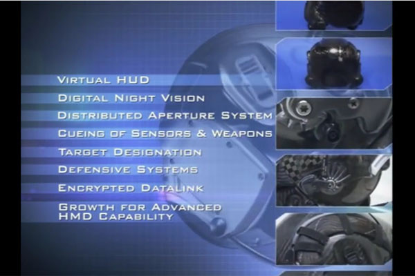 ▲ 중공군은 FC-31이 미군의 F-35와 맞먹는다고 자랑하지만, F-35에는 이런 다기능 헬멧이 사용된다. 사진은 F-35 헬멧마운트디스플레이의 기능을 설명하는 슬라이드. ⓒ美방산업체 록웰 콜린스 유튜브 채널 캡쳐