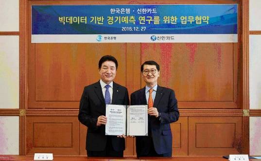 ▲ 한국은행은 27일 신한카드와 빅데이터를 기반으로 경기 예측 연구를 위한 업무협약을 체결했다. (왼쪽부터)한국은행 장병화 부총재, 신한카드 위성호 대표이사ⓒ한국은행