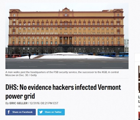 미국 국토안보부(DHS)는 러시아 해킹단체가 美버몬트 州 전력망에 침투했다는 美'워싱턴포스트(WP)' 보도에 대해 사실과 다르다고 밝혔다. 사진은 美정치전문매체 '폴리티코' 관련 보도 일부.ⓒ美'폴리티코' 홈페이지 캡쳐