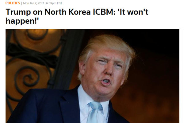 英로이터 통신이 지난 1일 김정은의 신년사를 전하면서, "북한의 ICBM 개발 완료가 임박했다"는 일부 북한전문가들의 관측을 전하자 트럼프 당선자는 자신의 트위터에 "그럴 일 없다"는 말을 올렸다고 한다. ⓒ英로이터 통신 관련보도 화면캡쳐