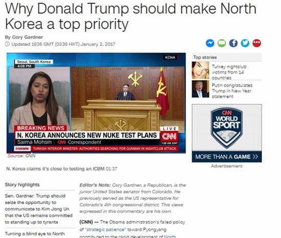 ▲ 美공화당의 코리 가드너 상원의원은 북한의 핵·미사일 위협에 대응하기 위해서는 도널드 트럼프 행정부가 '세컨더리 보이콧'(3자 제재)을 실시해야 한다고 밝혔다. 사진은 관련 美'CNN' 기사 일부.ⓒ美'CNN'홈페이지 캡쳐