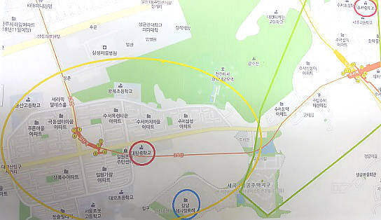 ▲ 서울 강남데시앙포레아파트에서 대왕중학교와 수서중학교 간 위치를 표시한 자료. ⓒ강남데시앙포레 입주자대표회의