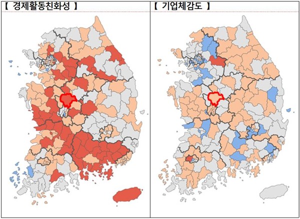▲ 충북 청주시 경제활동친화성과 기업체감도. (기업환경이 좋을수록 주황색).ⓒ청주시