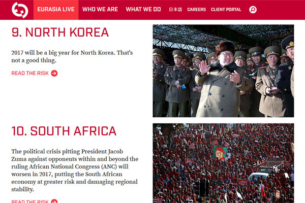 ▲ 美유라시아 그룹은 2017년 세계를 위협하는 10대 요소 가운데 북한 핵문제를 9번째로 꼽았다. ⓒ美유라시아 그룹 홈페이지 캡쳐